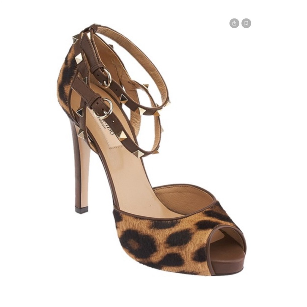 VALENTINO
Calf Hair Leopard Print Rockstud Ankle Strap Peep Toe Pumps 39.5